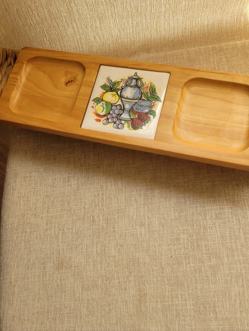 Wood Serving Tray with Ceramic Fruit Tile - Natural Wood. Boho Kitchen. MCM. 70s